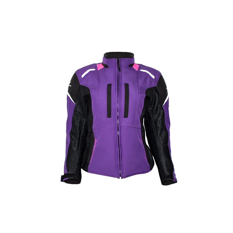 Chamarra para motociclista Softshell repelente con protecciones Talla M Luzern Purple Woman Hebotech