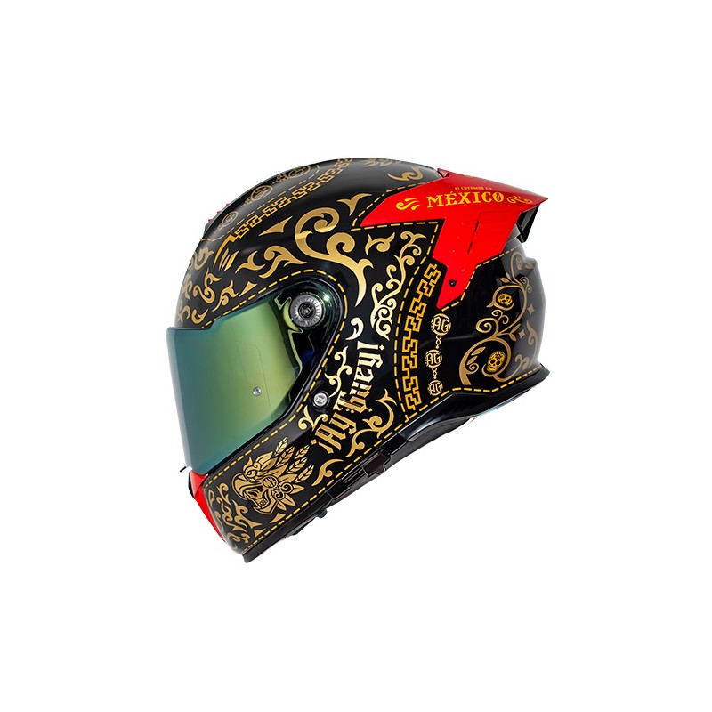 Casco para motociclista talla XL integral ¡Ay Güey! by mariachi hawk B9 oro brillo Axxis
